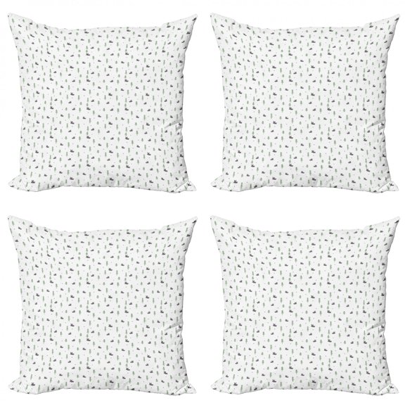 Forest Throw Pillow Cushion Case Pack of 4, Continuous Simplistic Rabbits Pine Leaves Stars Illustration, Modern Accent Double-Sided Print, 4 Sizes, Purpleblue Fern Green, by Ambesonne