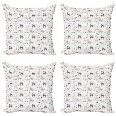 Ambesonne Forest Throw Pillow Cover 4 Pack, Woodland Deer Leaves, 24", Multicolor