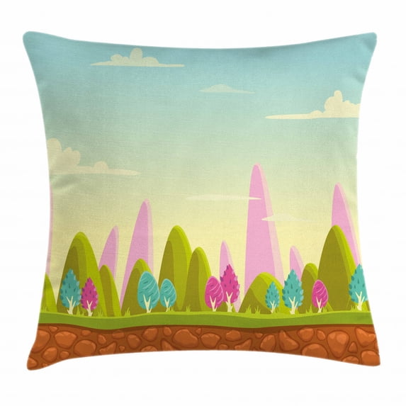 Forest Throw Pillow Cushion Cover, Fantasy Cartoon Landscape for Kids and Toddlers Colorful Trees Country Panorama, Decorative Square Accent Pillow Case, 16 X 16 Inches, Multicolor, by Ambesonne