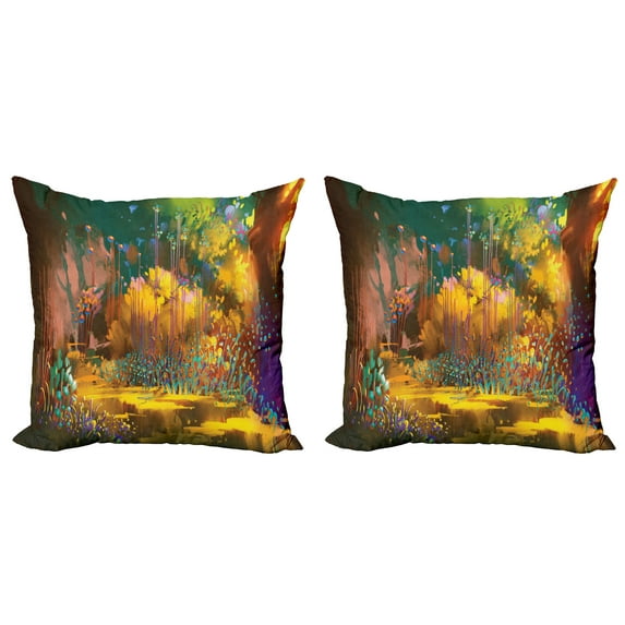 Ambesonne Forest Throw Pillow Cover 2 Pack, Hypnotic Jungle Plants, 24", Multicolor