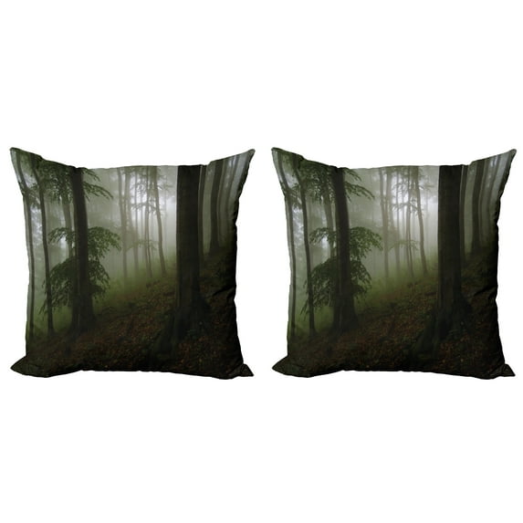 Ambesonne Forest Throw Pillow Cover 2 Pack, Mysterious Woods Foggy, 24", White Green Brown