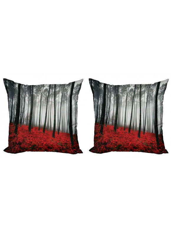 Forest Throw Pillow Cushion Cover Pack of 2, Mystical Fantasy Woodland Under Heavy Fog Tall Trees Bushes Contrast Colors, Zippered Double-Side Digital Print, 4 Sizes, Black Red Pale Grey, by Ambesonne