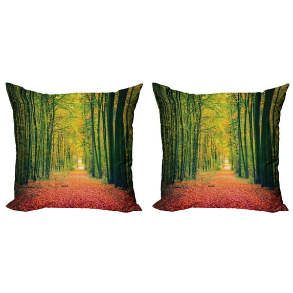 Ambesonne Fall Throw Pillow Cover 2 Pack, Warm Autumn Dramatic Road, 18", Green