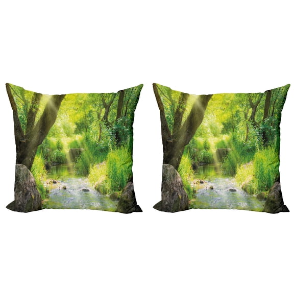 Ambesonne Forest Throw Pillow Cover 2 Pack, Stream Cascade Tropical, 20", Brown Lime Green