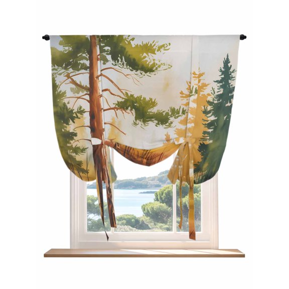 Forest Tie Up Curtains for Windows 63 Inch Length Balloon Curtains Kitchen Adjustable Balloon Window Shade Watercolor Farmhouse Retro Nature Scenery Tie Up Valance Bathroom Curtain Window 42"x63"
