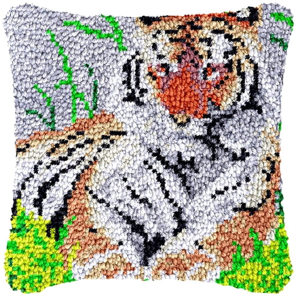 Forest Tiger Latch Hook Kits Pillow Cover DIY Rug Making Crochet Hook Cushion Making Kits with Preprinted Pattern Canvas DIY Needlework Crochet Kits Sofa Decor 43x43cm