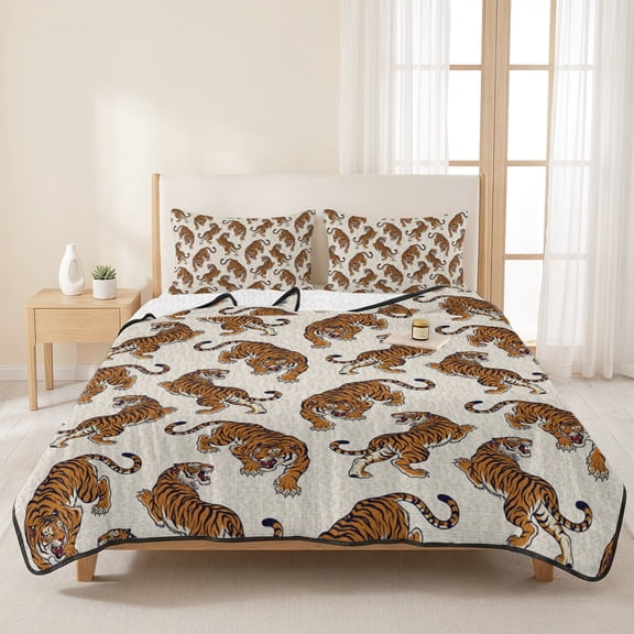 Forest Tiger Vintage Tribe 3 Pieces Quilt Set,1 Quilt with 2 Shams,Abstract Ethnic Patterns Bedspread Soft Lightweight Bedding Coverlet Comforter Set for All Season 96"x106"