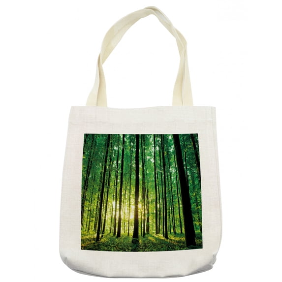 Forest Tote Bag, Green Woodland at Sunrise Scenic Morning Nature Environment Ecology Serenity, Cloth Linen Reusable Bag for Shopping Books Beach and More, 16.5" X 14", Cream, by Ambesonne