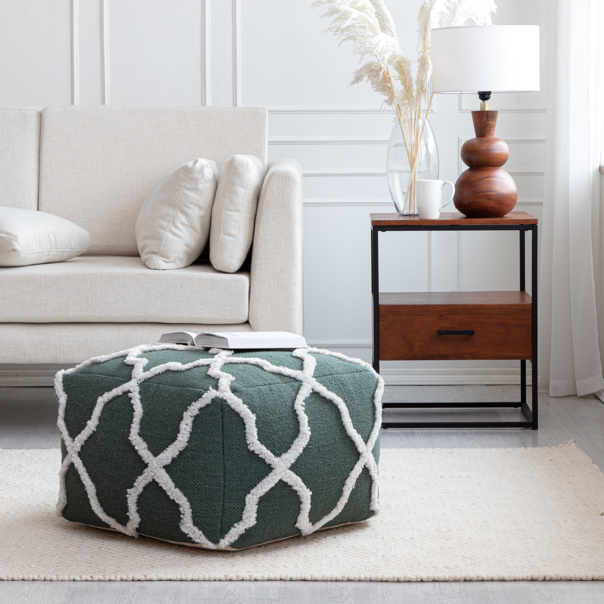 Forest Trail Green and Ivory Pouf with Polypropylene Beads