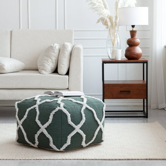 Forest Trail 22" x 22" x 16" Green & Ivory Pouf