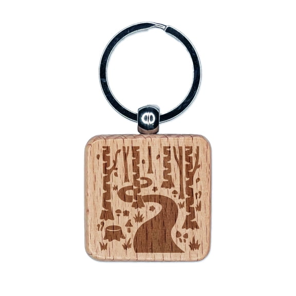 Forest Trail Birch Trees and Mushrooms Square Keychain Charm Tag - Engraved Wood