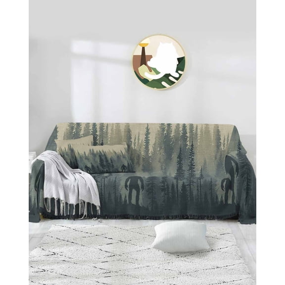 Forest Tre Gorilla Sofa Covers for 3 Cushion,Washable Couch Cover for Sectional Sofa Slipcovers with Tassel,Fall Rustic Foggy Green Landscape Nature Loveseat Covers Futon Cover Throw Blanket 71x118