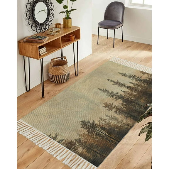 Forest Tree Area Rug 3x5ft Woven Runner Rug,Modern Vintage Winter Fall Natural Plant Washable Living Room Hallway Bedroom Kitchen Carpet with Tassels,Indoor Outdoor Throw Door Mat for Entryway