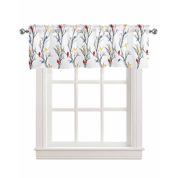 Forest Tree Birds Linen Curtain Valance for Bedroom/Bathroom/Kitchen/Office/Living/Dining Room Window,Colored Watercolor Branch White Pocket Topper Drapes Decorative Cafe Drapery Panel 42"x18"
