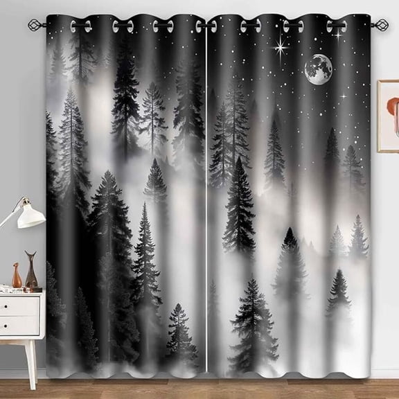 Forest Tree Blackout Curtains Misty Mountain Forest Insulated Curtain Night Starry Moon Cozy Privacy Drapes For Bedroom Living Room Guest Room Decoration 53"W x 96"L (Pack of 2)
