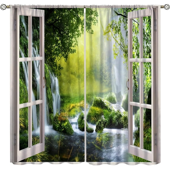 Forest Tree Blackout Curtains,Nature Waterfall Tree Landscape Scenery Theme Print Window Drapes Decor for Bedroom Living Room 26"W x 45"L (Pack of 2)