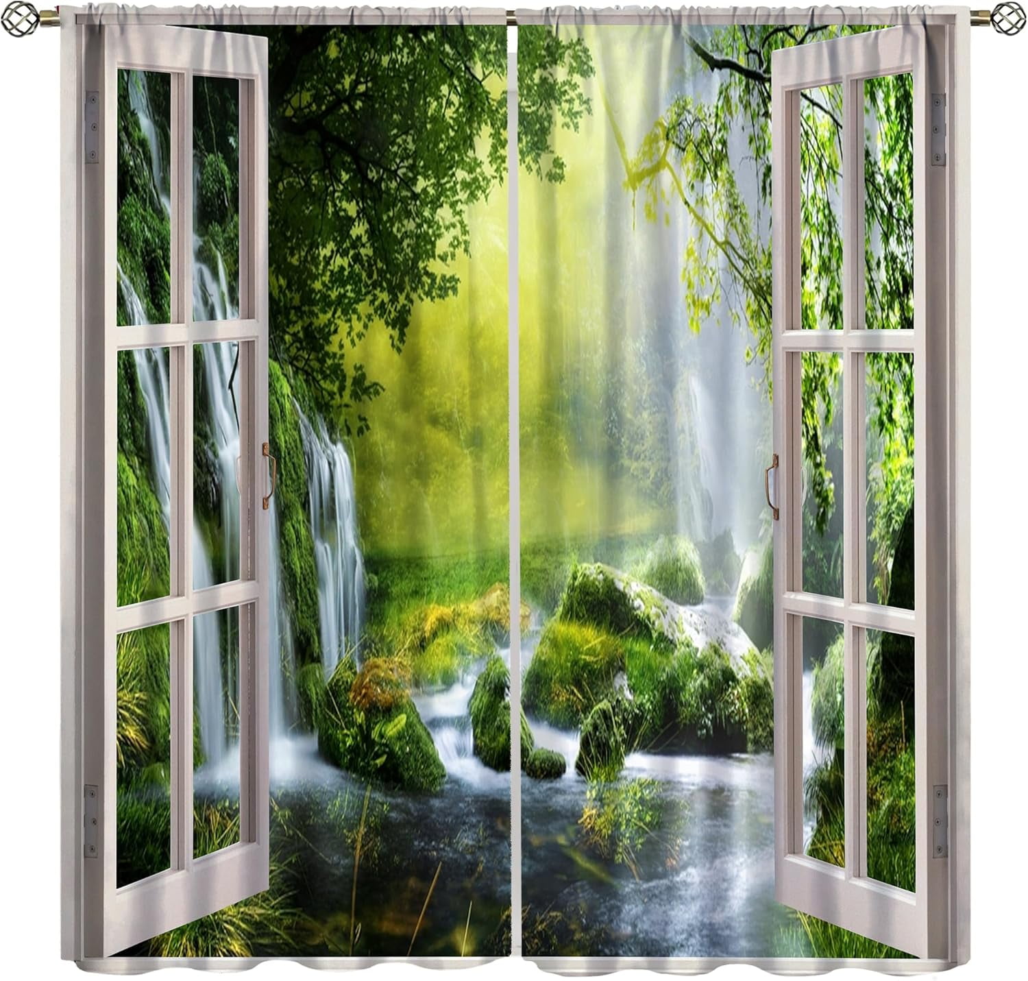 Forest Tree Blackout Curtains,Nature Waterfall Tree Landscape Scenery Theme Print Window Drapes Decor for Bedroom Living Room 84x84in