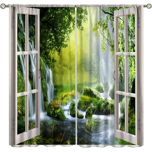 Forest Tree Blackout Curtains,Nature Waterfall Tree Landscape Scenery Theme Print Window Drapes Decor for Bedroom Living Room 84x84in