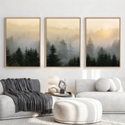 Forest Tree Canvas Wall Art Mountain Framed Wall Decor Misty Pine Tree Wall Painting Nature Landscape Artwork Green Pictures Set of 3 for Living Room Bedroom Of