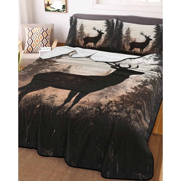 Forest Tree Elk King Size Down Alternative Comforter, Lightweight Comforter Quilt Bedding Set with Pillow Shams Vintage Black Deer Animal Wild Plant All Seasons Bed Comforter Duvet Insert 96"x106"