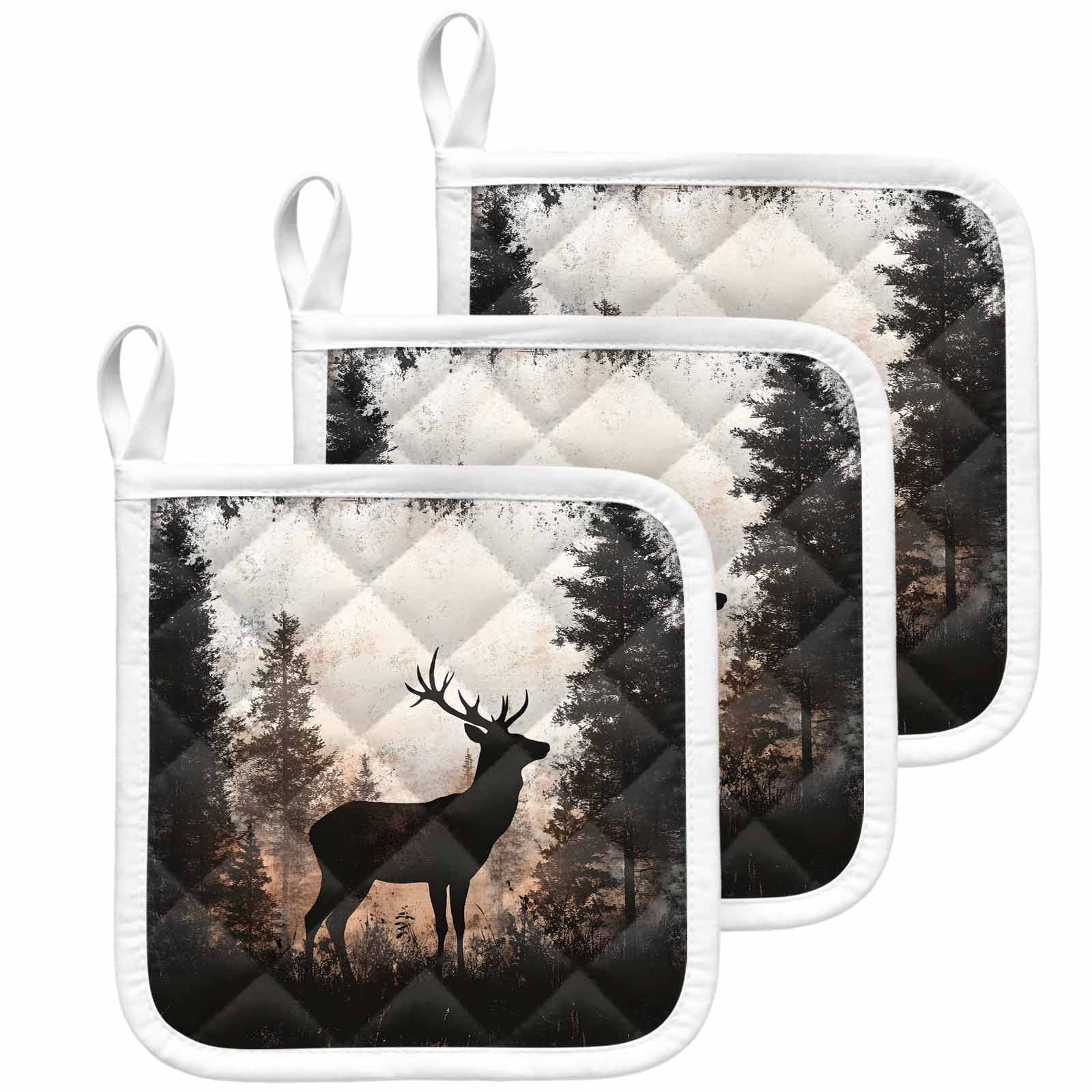 Forest Tree Elk Pot Holders for Kitchen Heatproof Potholder, 3 Pack Vintage Black Deer Animal Wild Plant Hot Pads Multipurpose Oven Pads Cloth Potholders Trivet for Cooking Baking