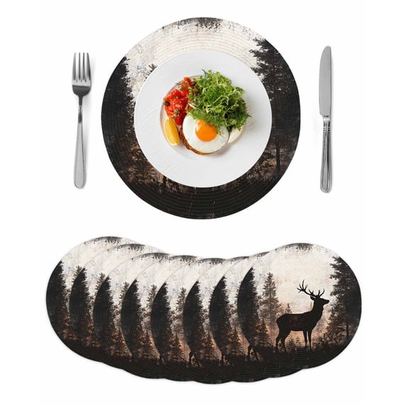 Forest Tree Elk Round Placemats Set of 8 for Dinning Tables,Heat-proof Braided Table Mats 13 Inch,Vintage Black Deer Animal Wild Plant Washable Place Mat for Kitchen Restaurant Party Table Decor