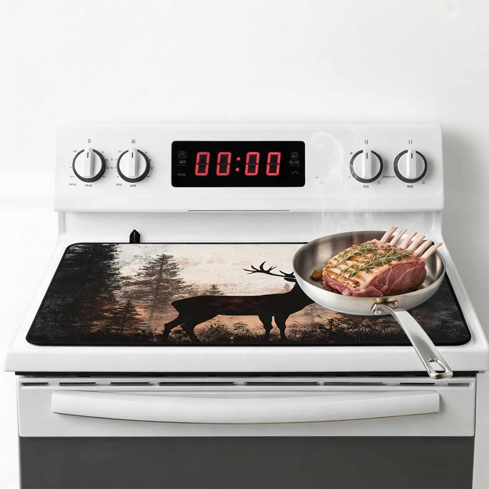 Forest Tree Elk Stove Top Cover for Electric Stove, Heat-proof & Non Slip Glass Top Stove Cover Protector, Vintage Black Deer Animal Wild Plant Kitchen Flat Cooktop Rubber Mat 24x21 Inches