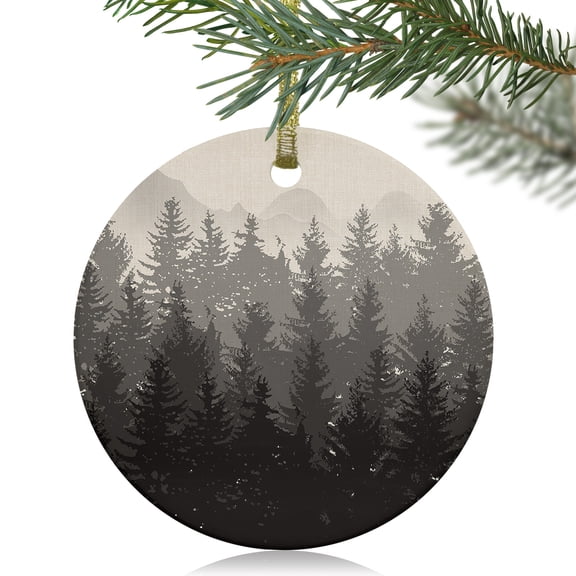 Forest Tree Gradient Black Shadow Christmas Ceramic Ornament 2025,3" Round Xmas Tree Hanging Accessories with Gold Ribbon