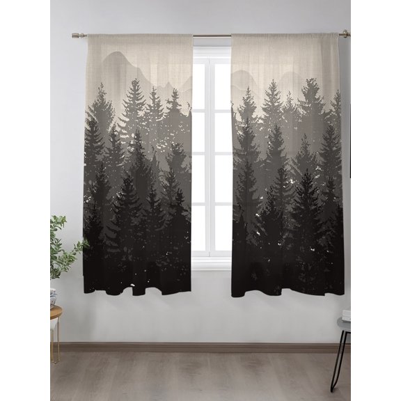 Forest Tree Gradient Black Shadow Sheer Curtains 2 Panels Set Ombre Retro Linen Lihgt Filtering Rod Pocket Voile Drape,Semi Sheer Window Curtains for Bedroom Living Room,52"x63"