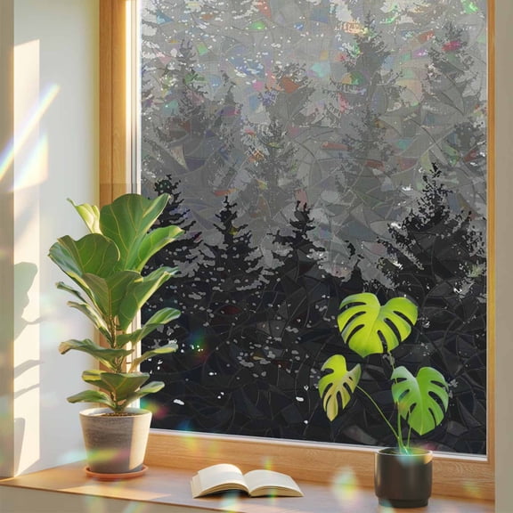 Forest Tree Gradient Black Shadow Window Privacy Film, Rainbow Film Decorative Window Sticker 17.7x39.3in, Ombre Retro Linen Sun Blocking Static Stained Glass Cling Tint Non-Adhesive