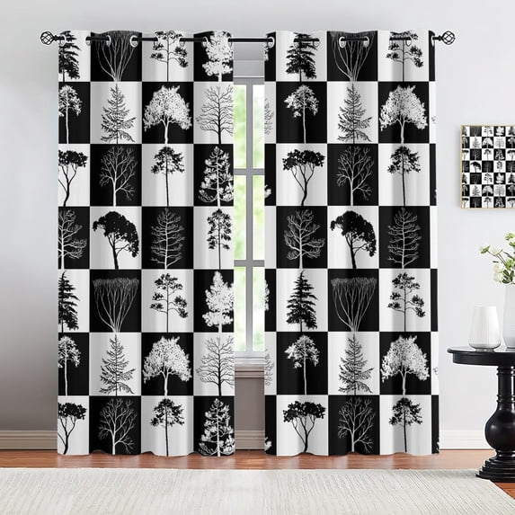 Forest Tree Grommet Curtains, Black White Plaid Bedroom Curtains Sound Insulation Apply To Living Room Bedroom Boys Room Girls Room Kitchen Bathroom 29"W x 63"L (Pack of 2)