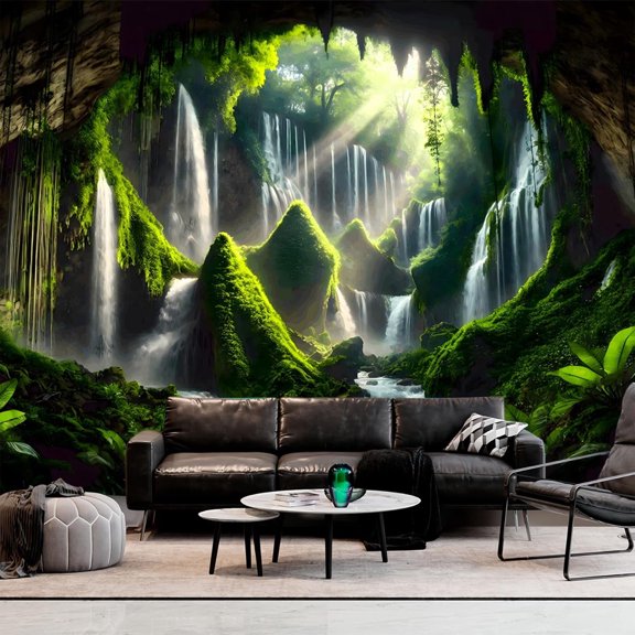 Forest Tree Sea Cave Wall Tapestry, Rainforest Stream Landscape Wall Hanging for Bedroom and Living Room, Cave Design