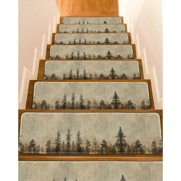 Forest Tree Stair Treads for Wooden Steps Indoor Runner Rug Carpet, Modern Vintage Winter Fall Natural Plant 7 Pieces Peel and Stick Staircase Step Treads Covers Washable Throw Door Mats, 30"x8"