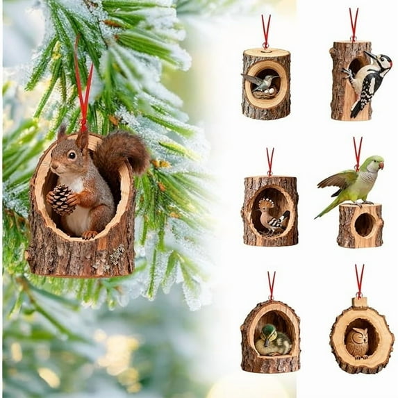 Forest Tree Stump Ornaments Cozy Forest Christmas Ornaments Xmas Tree Decor, 6 Pcs Personalized Animal Decoration, Woodland Creature Hanging Ornament Gift for Animal Lovers-squirrel,woodpecker,parrot
