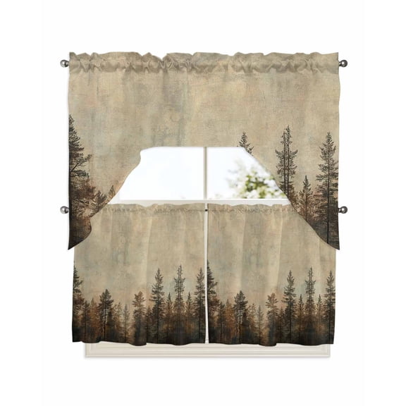 Forest Tree Swag Valance and Tier Curtains 24'' Length Set, Modern Vintage Winter Fall Natural Plant Light Filtering Kitchen Curtains, Tier Curtain Valances for Bathroom/Living Room/Bedroom/Café