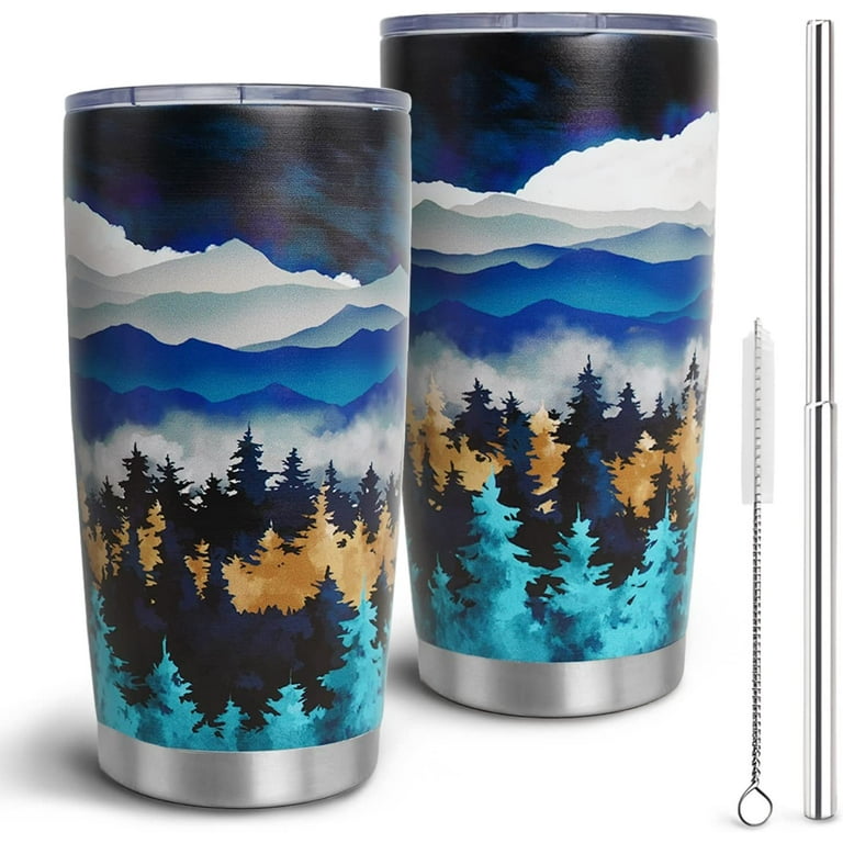 Forest Tree Tumbler, Mountain Tumbler with Lid and Straw, 20oz Vacuum Insulated Coffee Tumbler, Nature Coffee Mug Gifts for Women,Men, Reusable