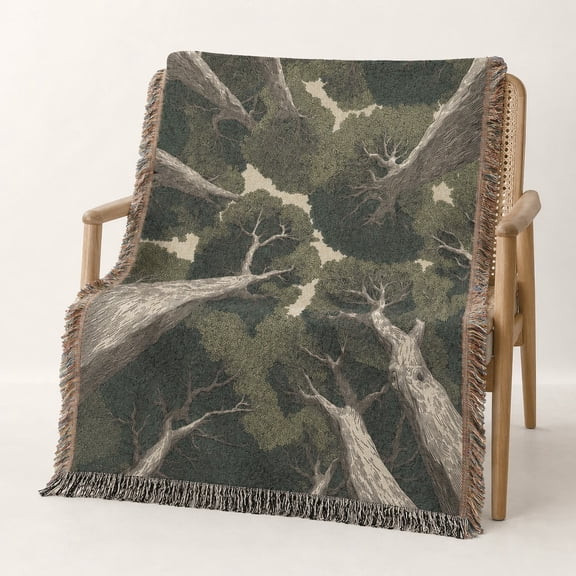 Forest Tree Woven Cotton Throw Blanket with Fringe, Nature Couch Blanket, 100% Cotton