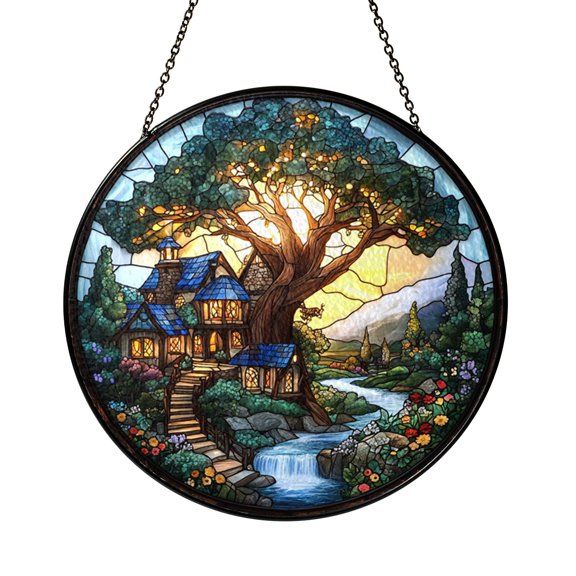 Forest Treehouse Waterfall Window Suncatcher Stained Glass Style Hanging Decor, Woodland Landscape Decorative Panel Art for Window Decoration Cottagecore Home Decor
