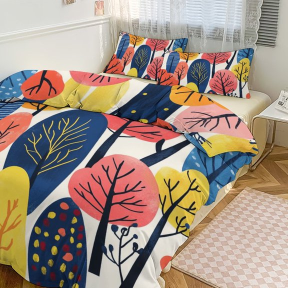 Forest Trees (15) Duvet Cover Set Themed Multicolor Polyester Bedding Set for Bedroom Decoration
