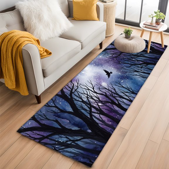 Forest Trees 2'x6' Runner Rug for Hallway Walkway Kitchen Galley, Mystical Moonlight Dark Black Flying Bird Low Pile Washable Non Slip Long Area Rug