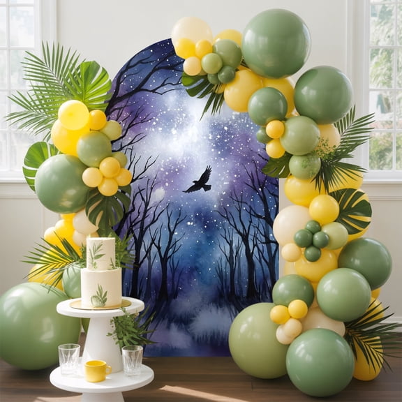 Forest Trees Arch Backdrop Cover, 4FT, Mystical Moonlight Dark Black Flying Bird Spandex Arch Covers Double-Sided Backdrop for Wedding Birthday Party Photo Background Decoration