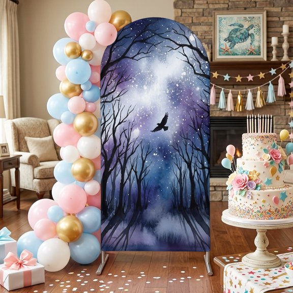 Forest Trees Arch Backdrop Covers 4 FT, Mystical Moonlight Dark Black Flying Bird Stretchy Fitted Arched Stand Covers Party Arch Stand Cover Photo Booth for Wedding Birthday Decor