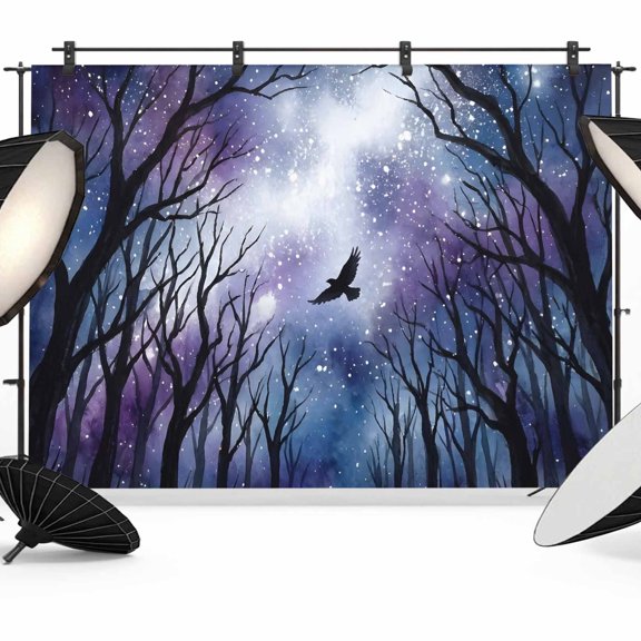 Forest Trees Backdrops for Photography, Mystical Moonlight Dark Black Flying Bird Fabric Photo Background Sturdy Studio Props for Photo Studio, Video Recording, Booth & Photoshoot 7x5ft