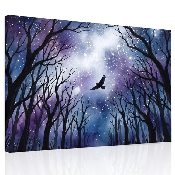 Forest Trees Canvas Print Wall Art, Mystical Moonlight Dark Black Flying Bird Wall Decor Modern Artwork Paintings Pictures for Living Room Framed and Stretched Ready to Hang 24" x 32"