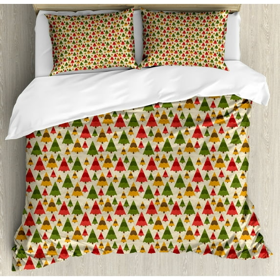 Forest Trees Duvet Cover Set Queen Size, Triangular Tree Shapes with a Grunge Look Geometric Continuous Pattern, Decorative 3 Piece Bedding Set with 2 Pillow Shams, Beige Multicolor, by Ambesonne