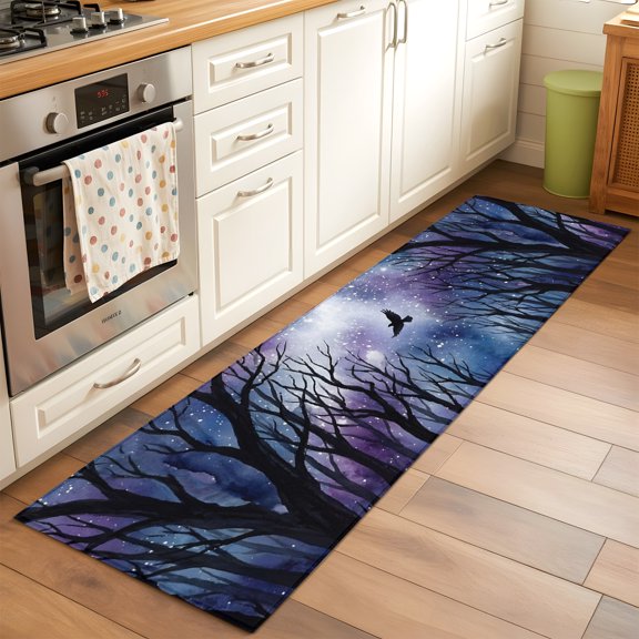 Forest Trees Runner Rug Non Slip 2x6 Mystical Moonlight Dark Black Flying Bird Washable Rug Runner for Hallways Low Pile Kitchen Rugs Ultra-Thin Stain Resist Carpet for Bathroom Bedroom Entryway