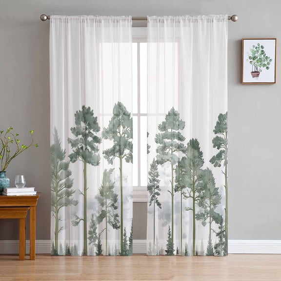 Forest Trees Sheer Curtains 96 Inches Long 2 Panels Set, Window Sheer Curtains for Living Room/Bedroom, Chinese Pine Branches Watercolor Plant Green Light Filtering Rod Pocket Curtain 52'' x 96'' x 2