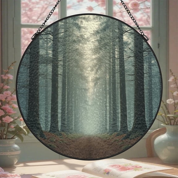 Forest Trees Stained Glass Window Hanging 8 Inch Suncatcher Glass Panel with Chain Round Sun Catchers Indoor Wall Art Home Decor Gift for Lovers Couples Women Mother's Day