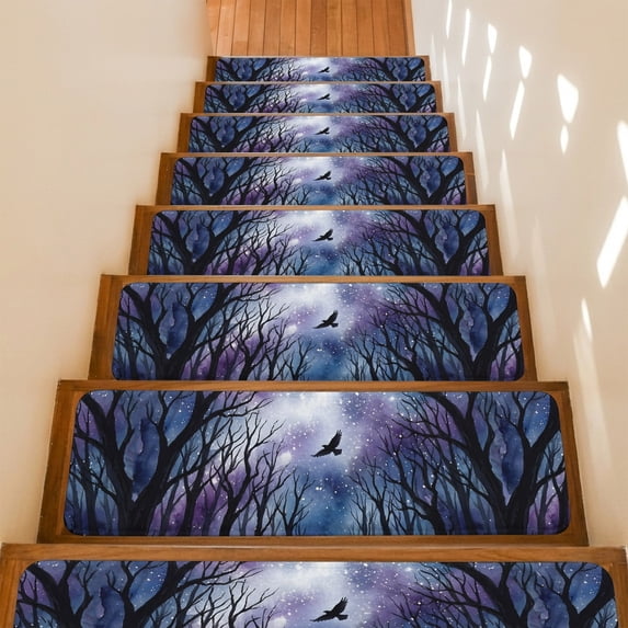 Forest Trees Stair Treads Non Slip for Steps Mystical Moonlight Dark Black Flying Bird 10 Pcs Reusable Adhesive Stair Runner Mats for Dogs Elders Carpet Treads Rugs for Staircase 8x30 In