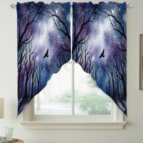 Forest Trees Swag Kitchen Curtain Valances, Mystical Moonlight Dark Black Flying Bird Rod Pocket Curtains Window Treatment Decor Valances for Bedroom Bathroom, 2 Panels 28 x 36 Inch